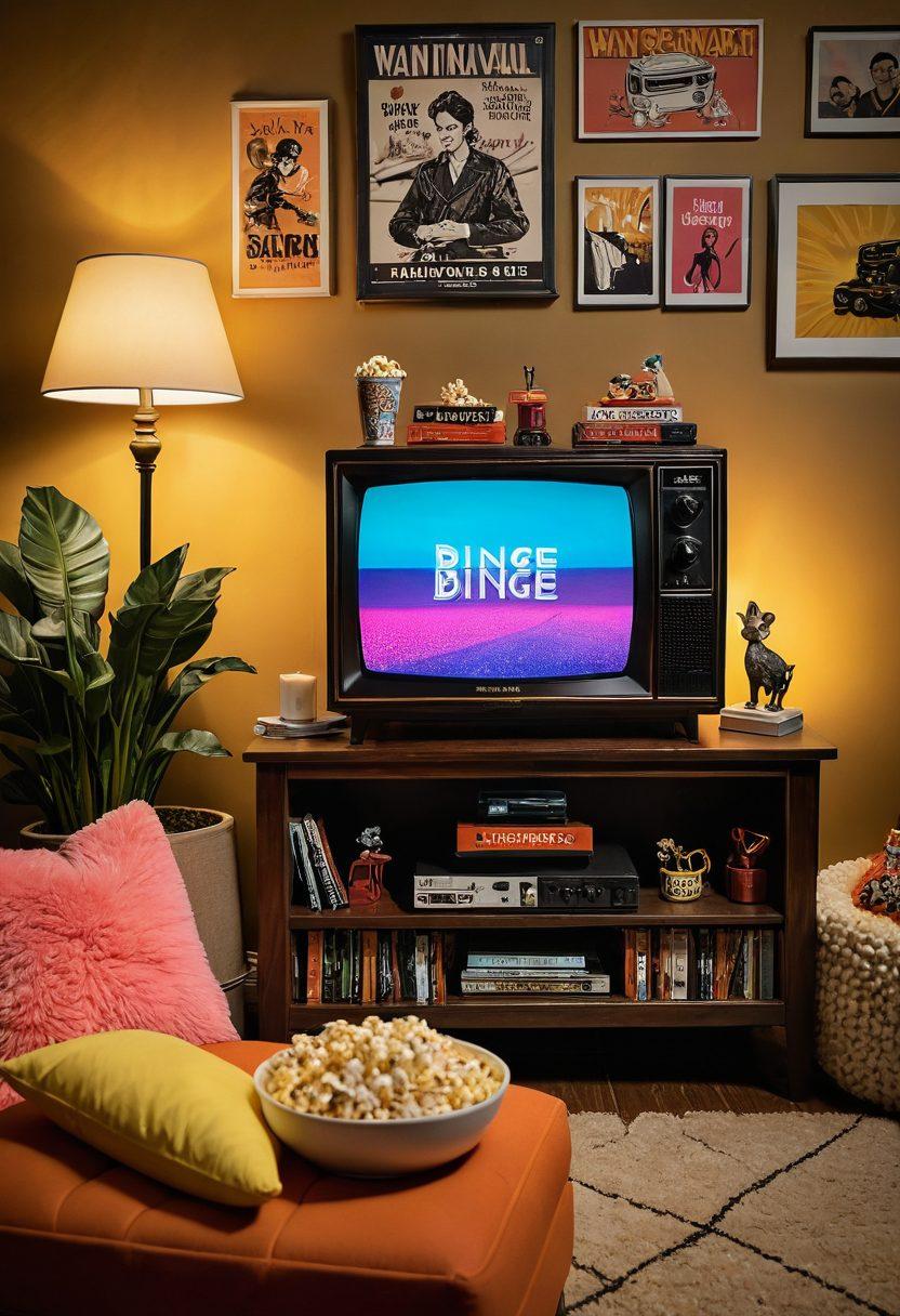 A cozy living room scene showcasing a tiny television set with vibrant colors displaying a popular series, surrounded by plush pillows and popcorn, with a glowing neon sign in the background that says 'Binge-Watch Zone'. Include small quirky decor items related to various series for a whimsical touch. super-realistic. warm lighting. inviting atmosphere.