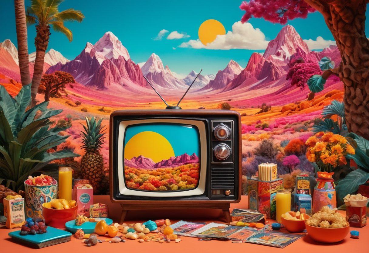 A whimsical scene showcasing a tiny vintage television set surrounded by popular pop culture icons like retro movie posters, vinyl records, and vibrant snacks. The backdrop features a colorful, surreal landscape blending elements of 80s nostalgia with modern digital motifs, highlighting the influence of small screens on society. The tiny TV screen displays snippets of famous pop culture moments. vibrant colors. surreal. retro style.